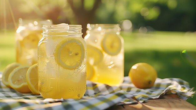 Verfrissende zomer limonade in een stenen pot met citroensnijden op een zonnige dag