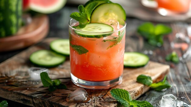 Verfrissende zomer watermelon cocktail met komkommer en munt in een glas op een houten tafel