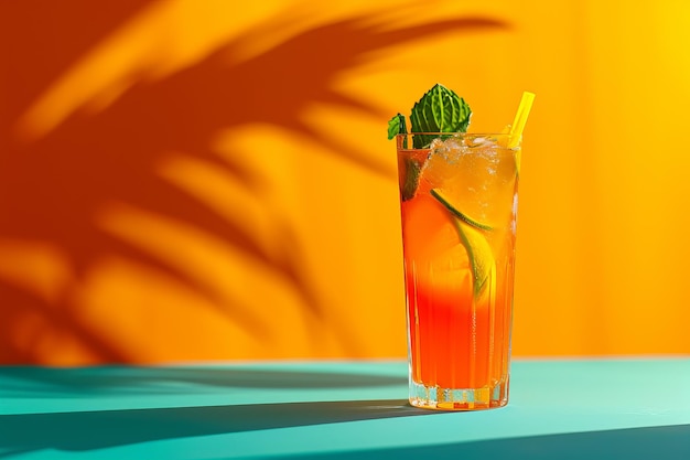 Verfrissende zomercocktail met muntgarnizoen op een kleurrijke achtergrond met schaduwen