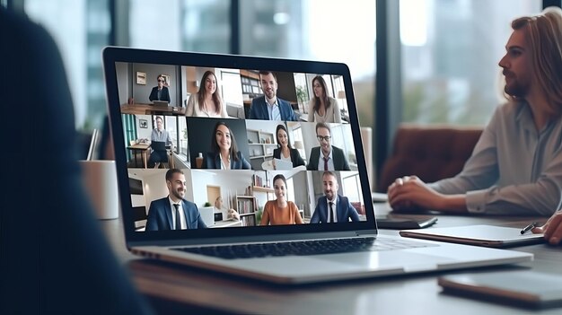 Foto vergadering van een groep zakenlieden via videoconferentie op een laptopmonitor