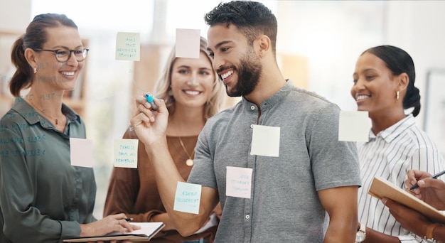 Vergaderplanning en een zakenman die met zijn team op glas schrijft voor strategie of brainstormen op kantoor Samenwerkingscoaching en leiderschap met een mannelijke werknemer die zijn collega's onderwijst