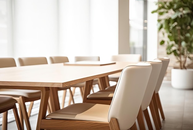 vergaderzaal met witte lederen stoelen en houten tafels in de stijl van focus op gewrichten