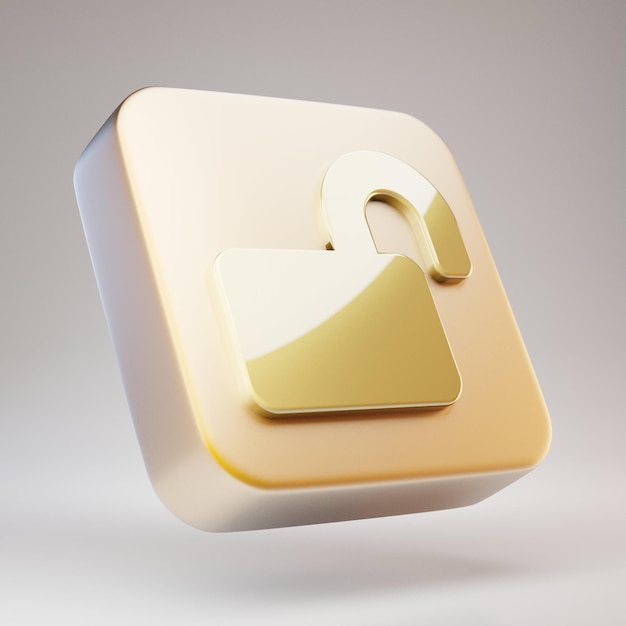 Vergrendelpictogram openen. Golden Lock Open-symbool op mat gouden plaat. 3D-gerenderde sociale mediapictogram.