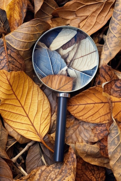 Vergrootglas dat zonlicht concentreert op droge bladeren gemaakt met generatieve AI