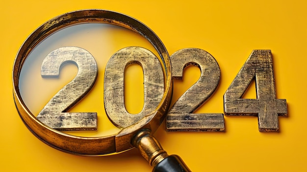 Foto vergrootglas en cijfers 2024 op gele achtergrond nieuwjaarsconcept
