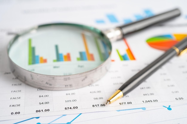 Vergrootglas op ruitjespapier Financiële ontwikkeling Bankrekening Statistieken Investeringen Analytisch onderzoek gegevenseconomie Bedrijfsconcept
