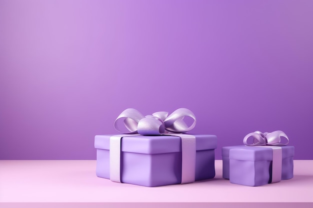 Verheffend feestpodium en geschenkdozen versierd met satijnen lint op een levendige violette achtergrond