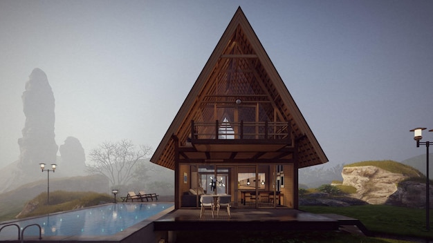 Verhoging van luxe houten huis met zwembad en mooie achtergrond 3d illustratie