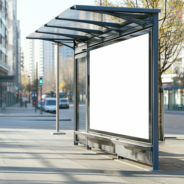 Foto verhoog de zichtbaarheid van uw merk met een leeg billboard dat strategisch is gepositioneerd op een moderne bushalte