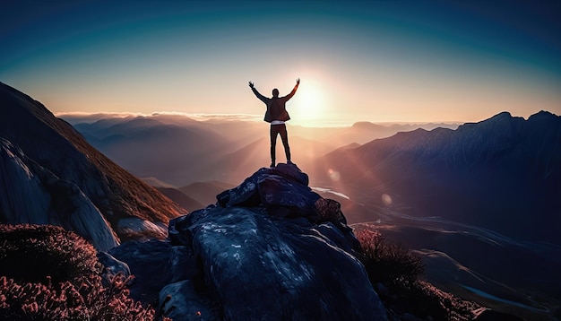 Verhoogde succes Menselijke figuur op de bergtop met opgeheven handen Generatieve AI