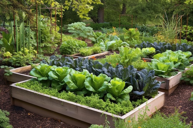 Verhoogde tuinbedden gevuld met weelderige groenten gemaakt met generatieve AI