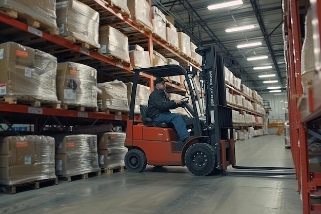 Verhoogingsmaterialen voor vorkheftrucks op een opslagrek Beste beeldfotografie van vorkheeftrucks