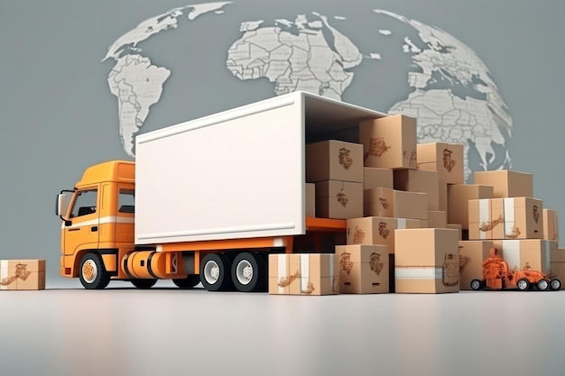 Verhuisservice: een vrachtwagen die meubels in dozen vervoert, een illustratie van het kopen van meubelbezorging