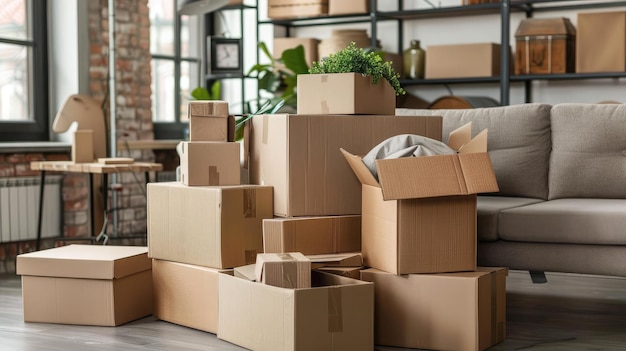 Verhuizingsdagconcept kartonnen dozen stapel met huishoudelijke spullen in het moderne huis woonkamer verpakt containers op de vloer in het nieuwe huis verhuizing renovatie verwijdering en bezorging