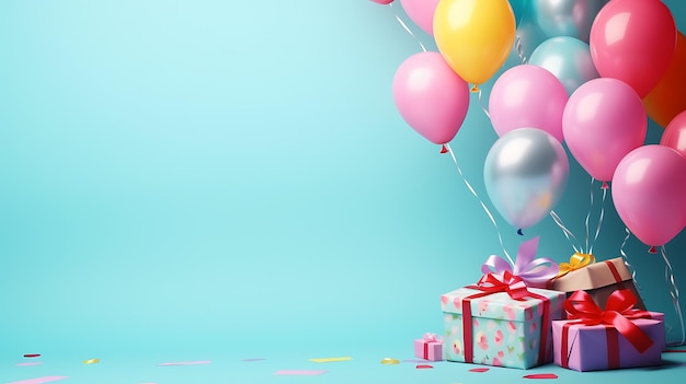 verjaardag backgrounda decoratie met decoratieve ballonnen en verjaardagscadeaus op blauwe achtergrond