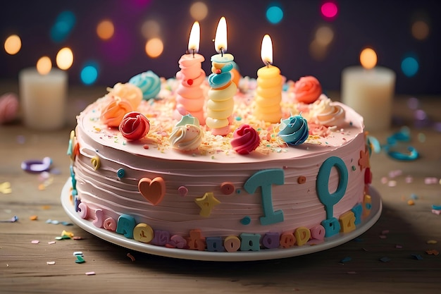 Verjaardag chocolade taart met rode chary en drie kaarsen op confetti achtergrond