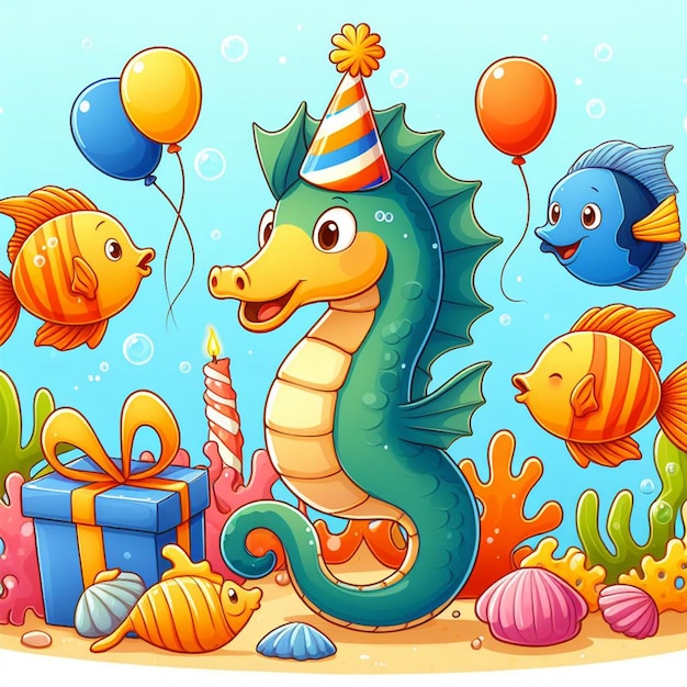 verjaardag Clebration van Sea Horse met geschenken en Cake ai afbeeldingen