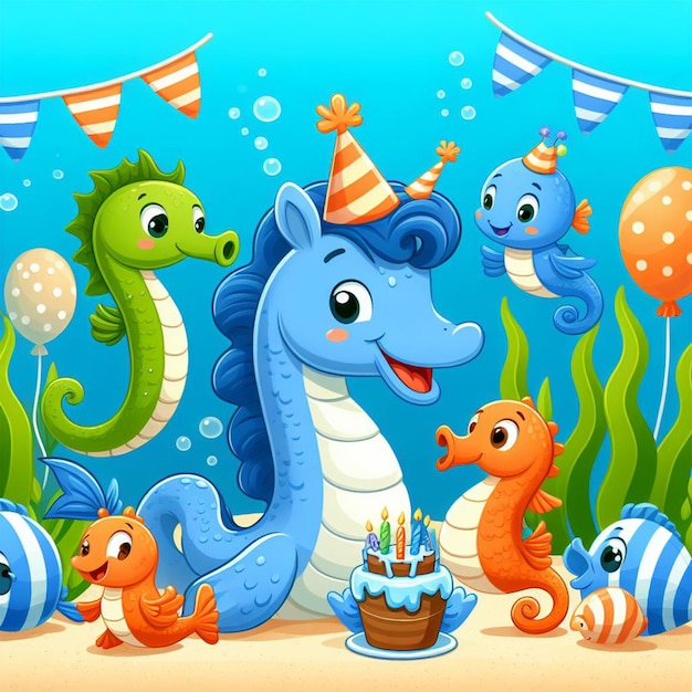 verjaardag Clebration van Sea Horse met geschenken en Cake ai afbeeldingen