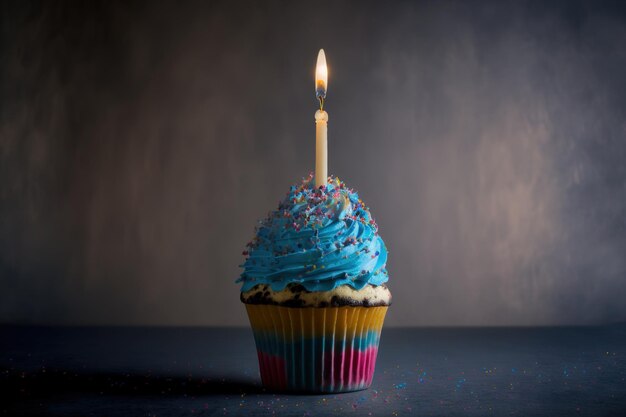 Verjaardag cupcake met een blauwe achtergrond en kopie ruimte