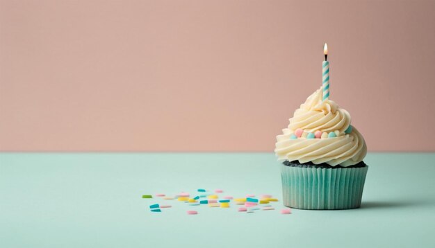 Verjaardag Cupcake met één kaars met kopieerruimte