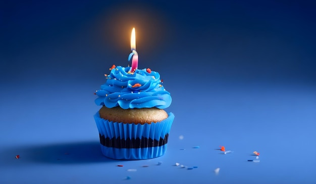 Verjaardag Cupcake Met Kaars En Blauwe Decoratie AI Generatief