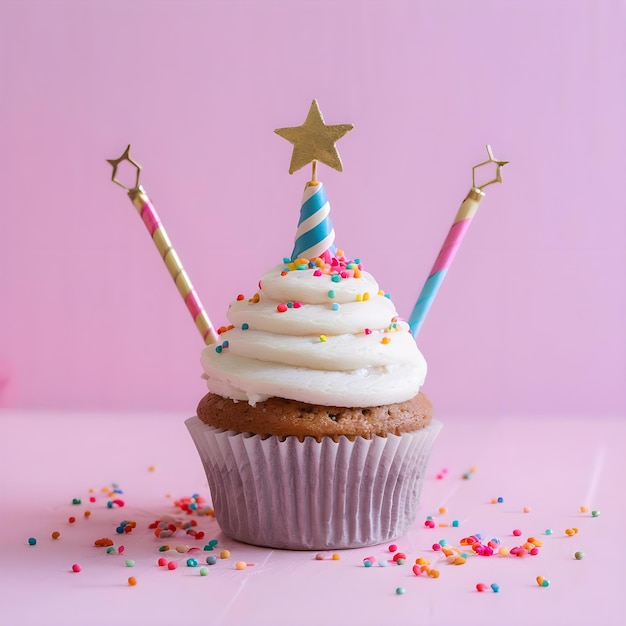 verjaardag cupcake met kaars en kleurrijke sprinkles op roze achtergrond generatieve ai