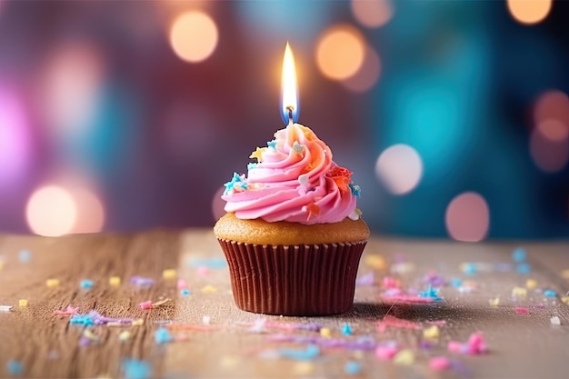 verjaardag cupcake met kaars generatieve AI