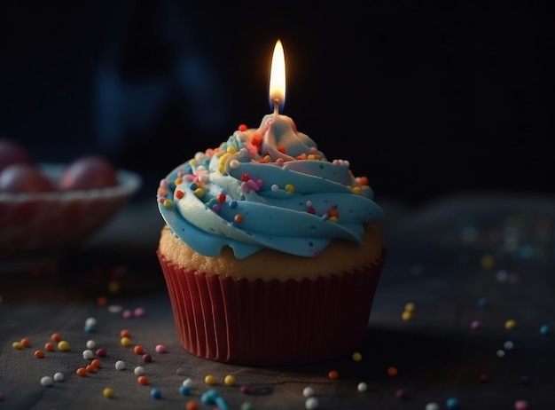 Verjaardag cupcake met kaars Illustratie AI generatief