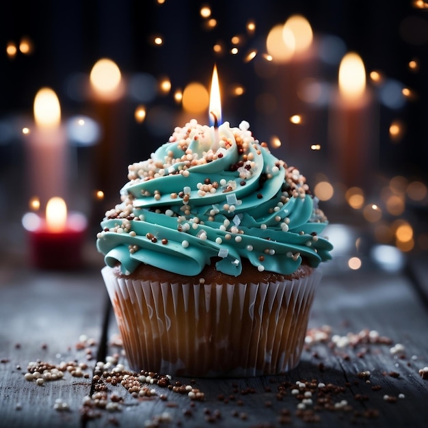 Foto verjaardag cupcakes een blauwe groene en zilveren taart met een kaars