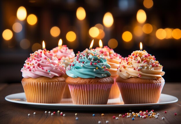 verjaardag cupcakes met wazige achtergrond kleurrijke ballonnen realistisch beeld ultra hd hoog ontwerp zeer