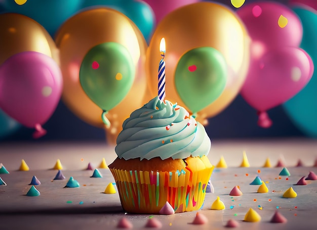 Foto verjaardag cupcakes met wazige achtergrond kleurrijke ballonnen realistische afbeelding ultra hd