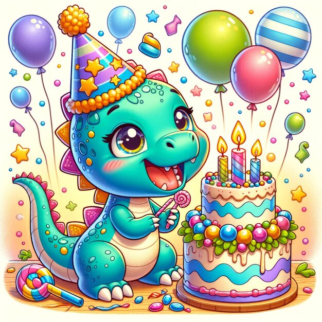 Verjaardag dino_ verjaardag vieren dinosaurus deze keer met een sterrenhoed en een super feestelijke taart