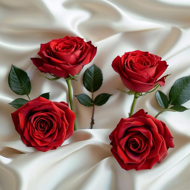 Verjaardag elegantie rode rozen op witte satijn doek achtergrond Voor sociale media Postgrootte