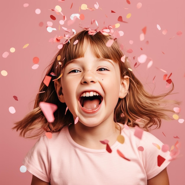 Verjaardag kind gelukkig meisje met confetti op gekleurde achtergrond Generatieve AI