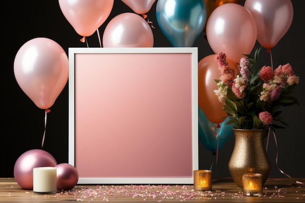 Verjaardag mockup met frame pastel ballonnen en confetti op roze tafelblad bekijken Plat lag stijl