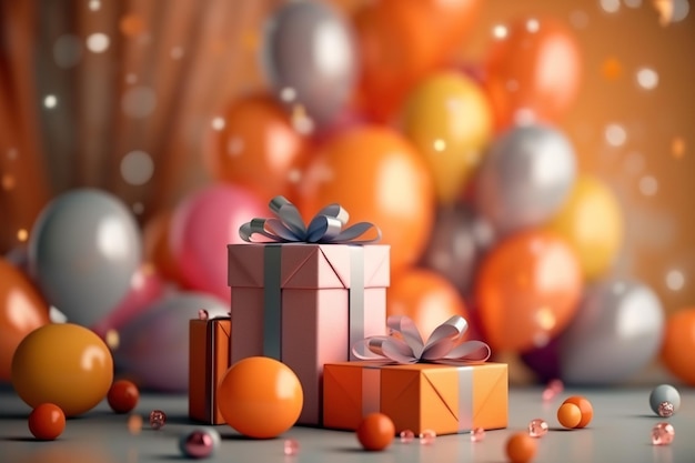 Verjaardag plat ingerichte kleur ballonnen en geschenken