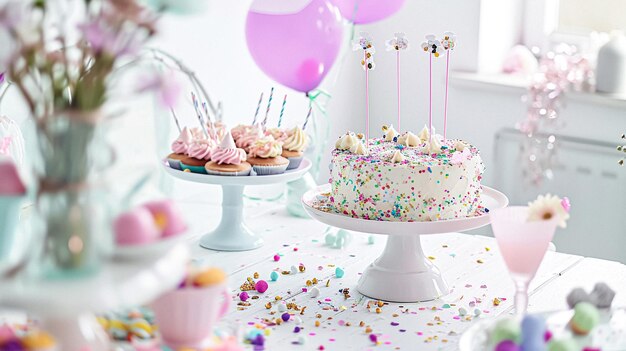 Verjaardag tafel landschap of snoep bar met snoep Verjaardag taart en cupcakes mooie feestviering