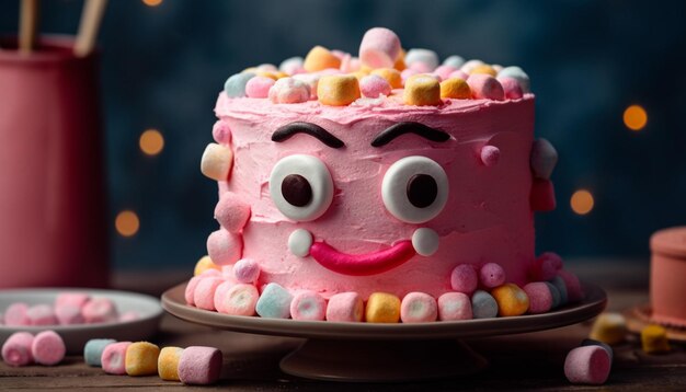 Verjaardags kaars op marshmallow genot roze tafel ongezond eten gegenereerd door AI