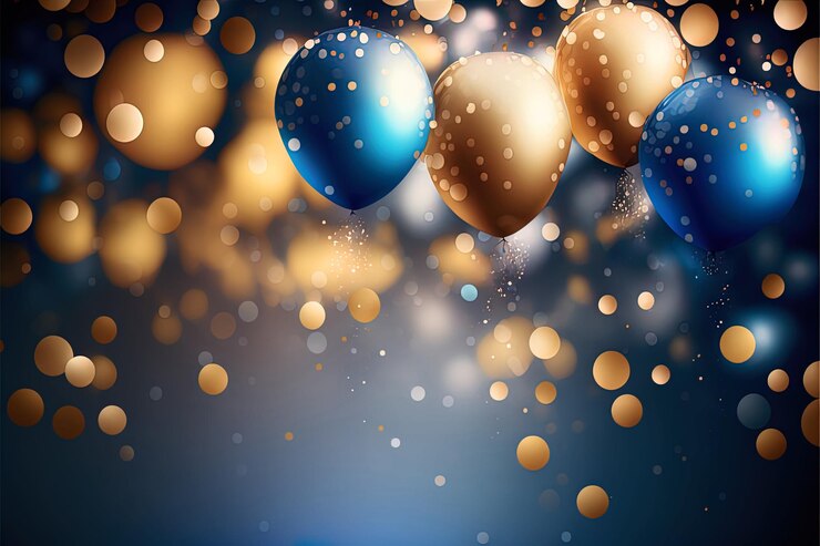 Foto verjaardagsachtergrond met blauwe en gouden ballonnen