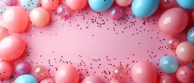 Verjaardagsballonnen en confetti plat op roze