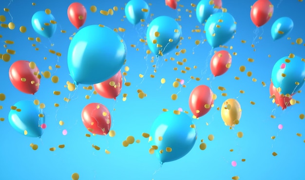 Verjaardagsballons vliegen op blauwe achtergrond confetti verjaardagselementen