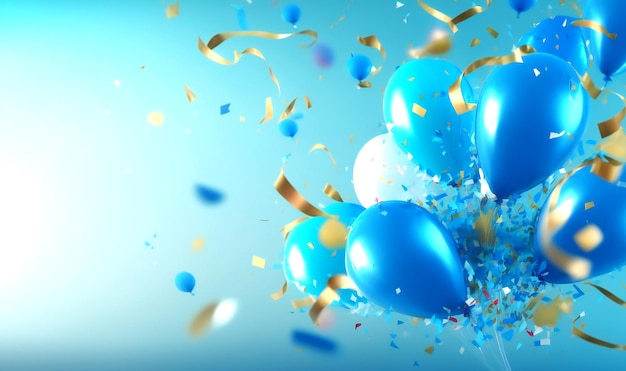 Verjaardagsballons vliegen op blauwe achtergrond confetti verjaardagselementen