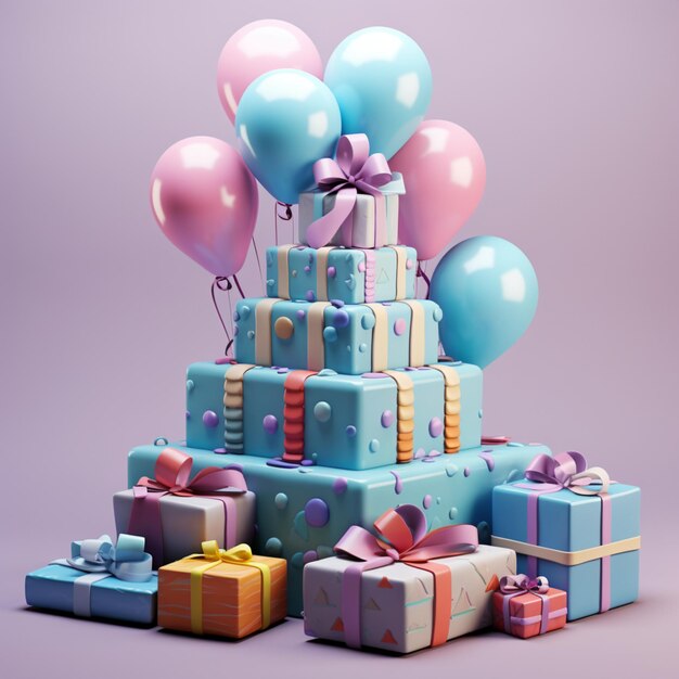 Verjaardagscadeau koek in blauwe kleur versierd met ballonnen en cadeau dozen op een paarse achtergrond