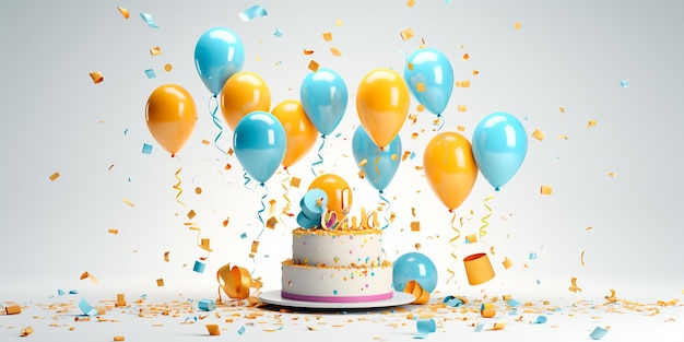 verjaardagsconcept met kleurrijke ballonnen en cake Generatieve AI-illustrator