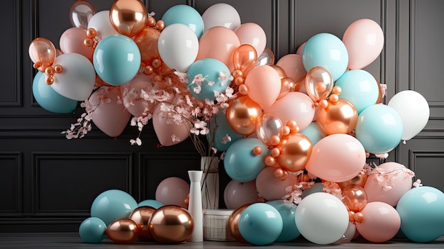 Verjaardagsdecoratie ballonnen slinger en decor voor een klein babyfeestje op een muurachtergrond