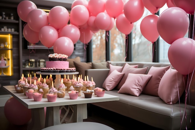 verjaardagsfeest ballonnen kleurrijke ballonnen achtergrond en verjaardagstaart met kaarsen