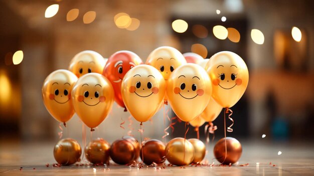 Foto verjaardagsfeest decor en kleurrijke ballonnen met getekende verschillende gezichten emoticons veel lachen glimlachen op beige achtergrond