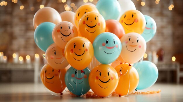 Foto verjaardagsfeest decor en kleurrijke ballonnen met getekende verschillende gezichten emoticons veel lachen glimlachen op beige achtergrond