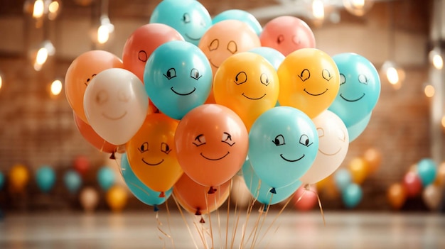 Foto verjaardagsfeest decor en kleurrijke ballonnen met getekende verschillende gezichten emoticons veel lachen glimlachen op beige achtergrond