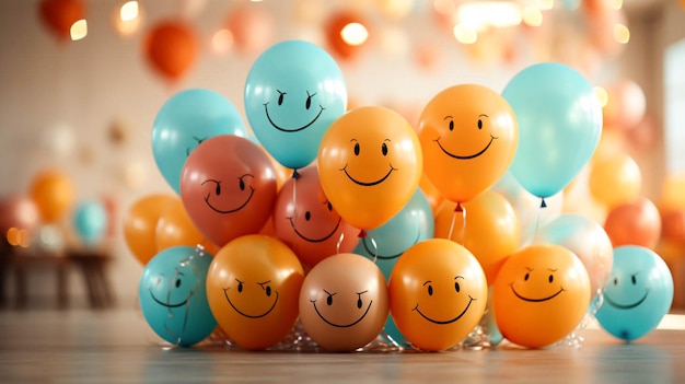 Verjaardagsfeest decor en kleurrijke ballonnen met getekende verschillende gezichten emoticons veel lachen glimlachen op beige achtergrond